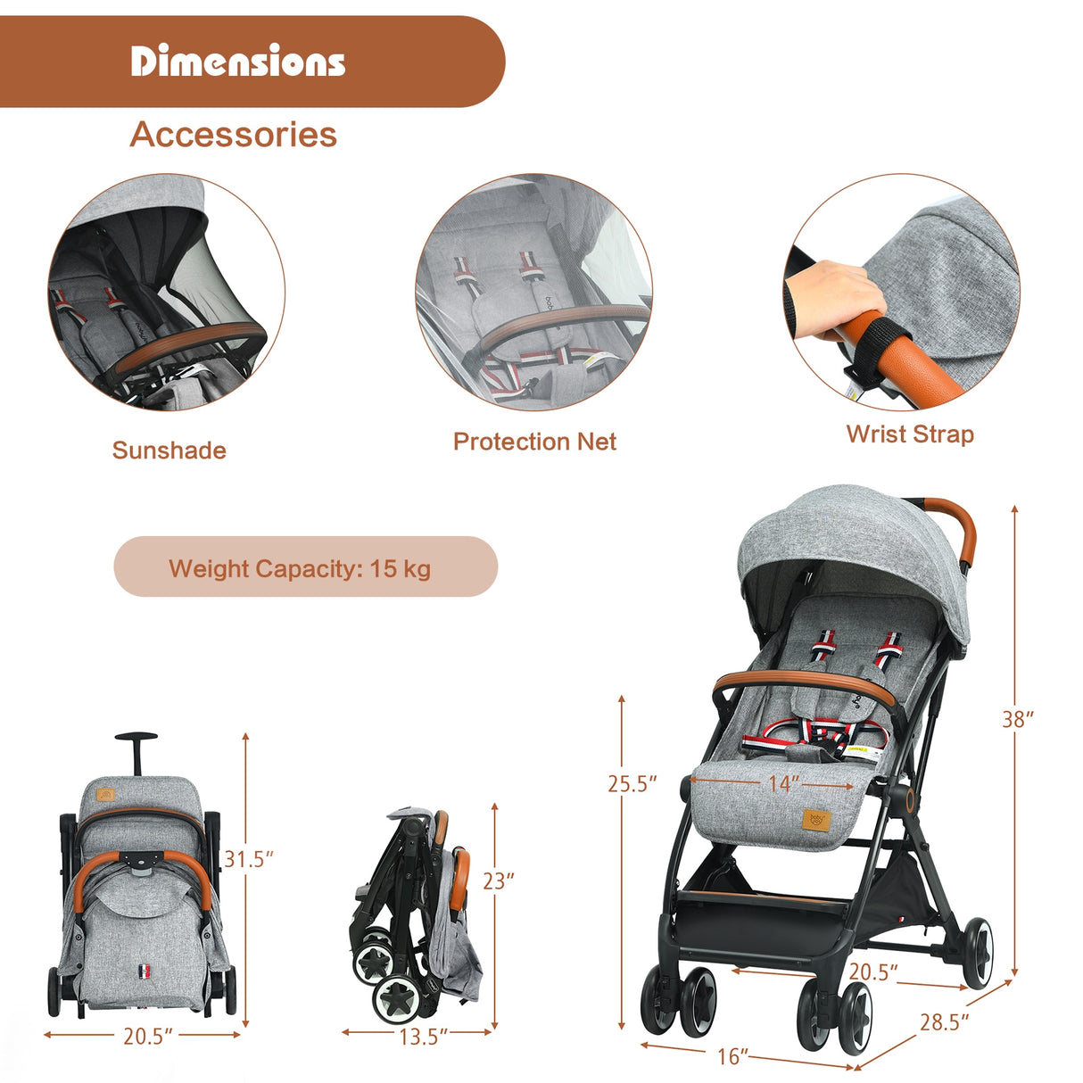 Lightweight Aluminium Frame Baby Stroller with Net-Beige