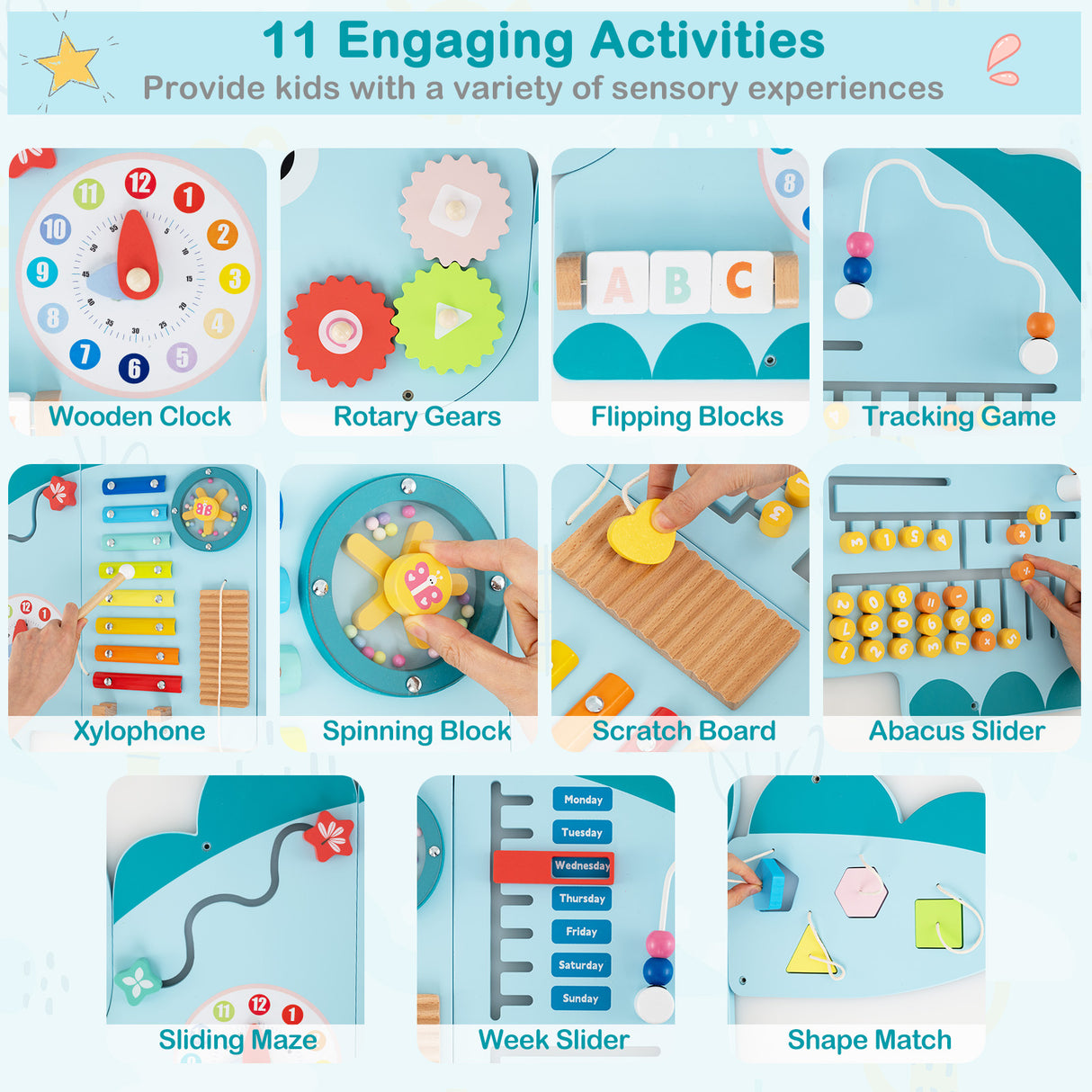 11-in-1 Dinosaur Activity Wall Busy Board Panels for Toddlers Education and Early Development-Blue