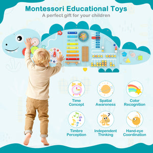 11-in-1 Dinosaur Activity Wall Busy Board Panels for Toddlers Education and Early Development-Blue