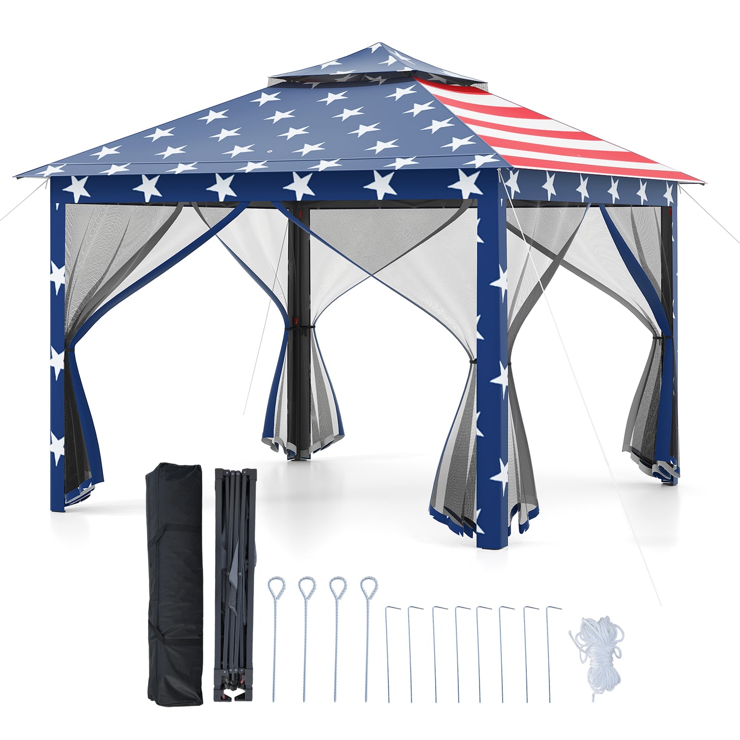 11 x 11 Feet 2-Tier Pop-Up Gazebo Tent Portable Canopy Shelter Carry Bag Mesh-Blue