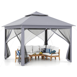 11 x 11 Feet 2-Tier Pop-Up Gazebo Tent Portable Canopy Shelter Carry Bag Mesh-Gray