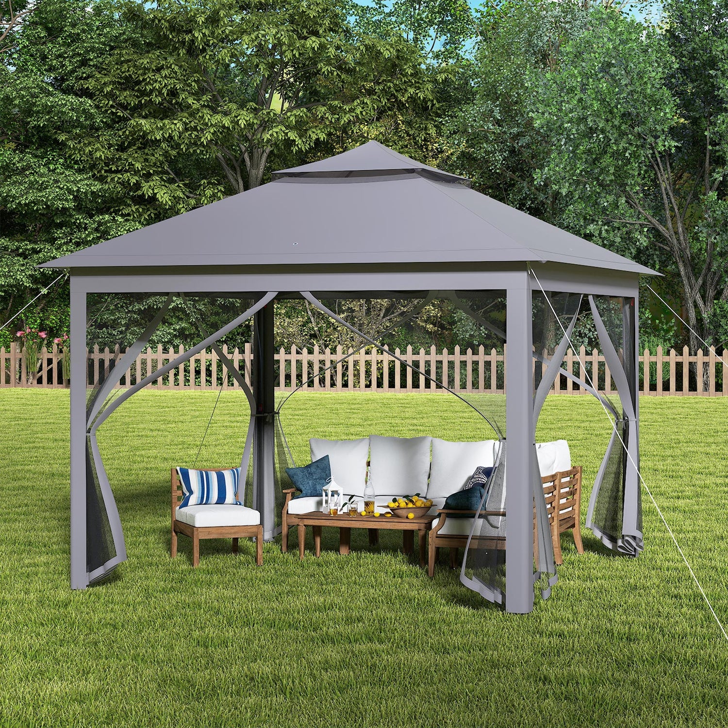 11 x 11 Feet 2-Tier Pop-Up Gazebo Tent Portable Canopy Shelter Carry Bag Mesh-Gray