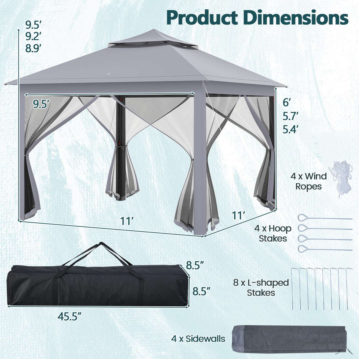 11 x 11 Feet 2-Tier Pop-Up Gazebo Tent Portable Canopy Shelter Carry Bag Mesh-Gray