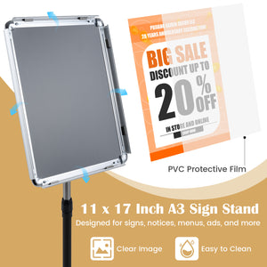 11 x 17 Inch Height Adjustable Sign Holder Stand with Snap-Open Frame-Silver