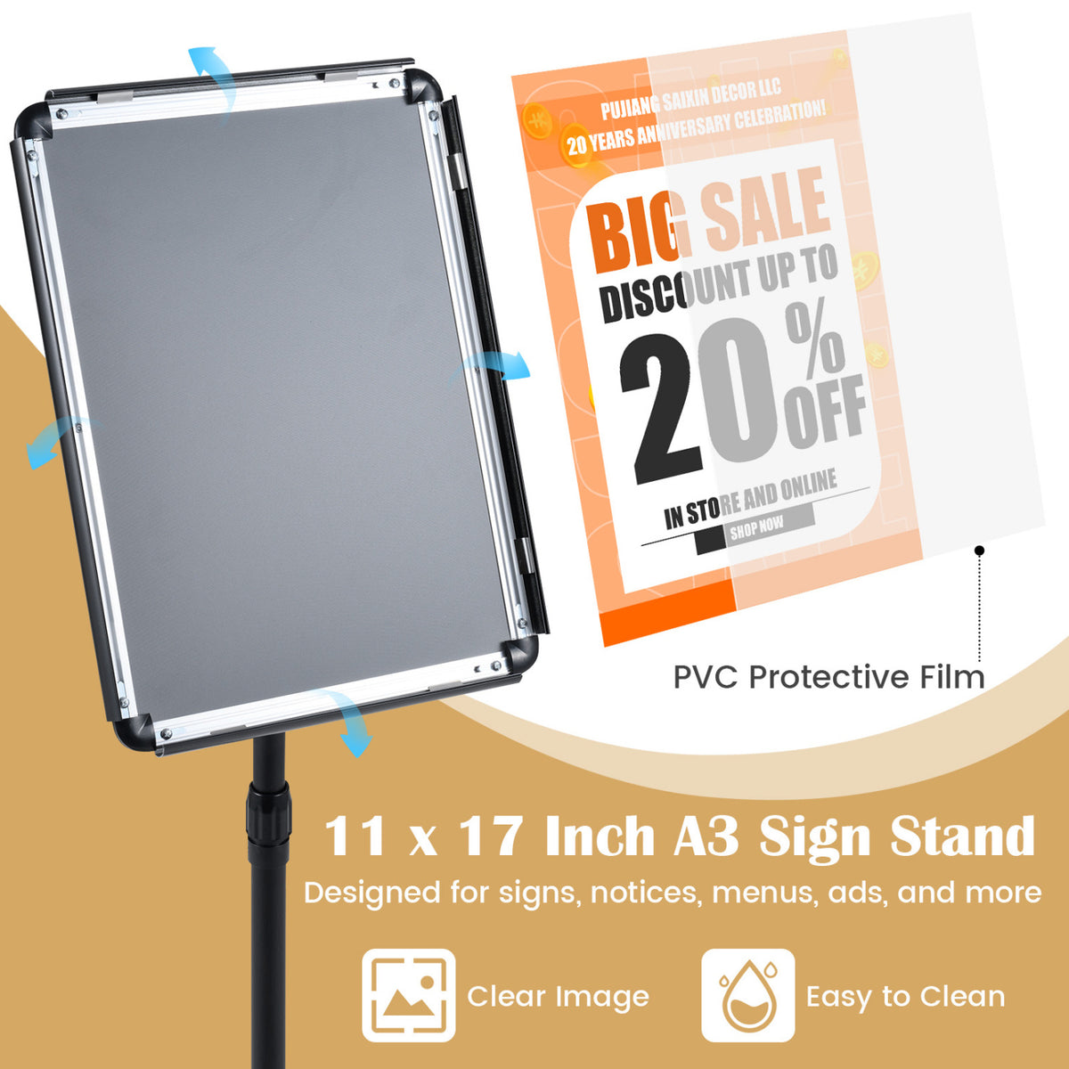 11 x 17 Inch Height Adjustable Sign Holder Stand with Snap-Open Frame-Black