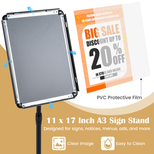 11 x 17 Inch Height Adjustable Sign Holder Stand with Snap-Open Frame-Black