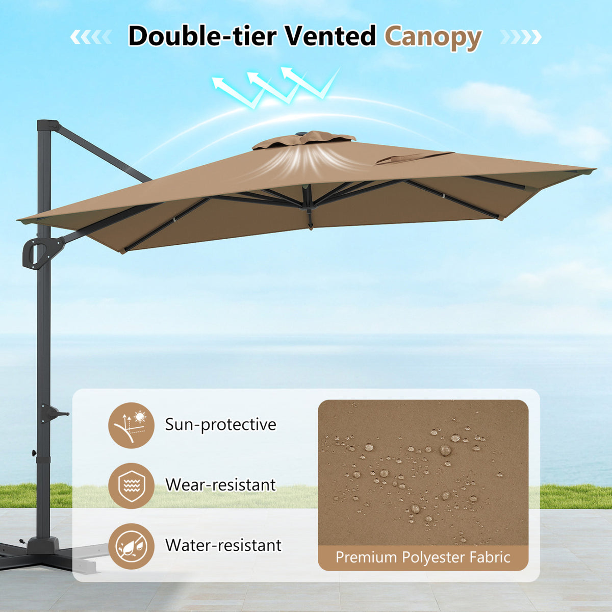 11 x 9 FT Cantilever Patio Umbrella with 360Â° Rotation and Easy Tilt Adjustment-Brown