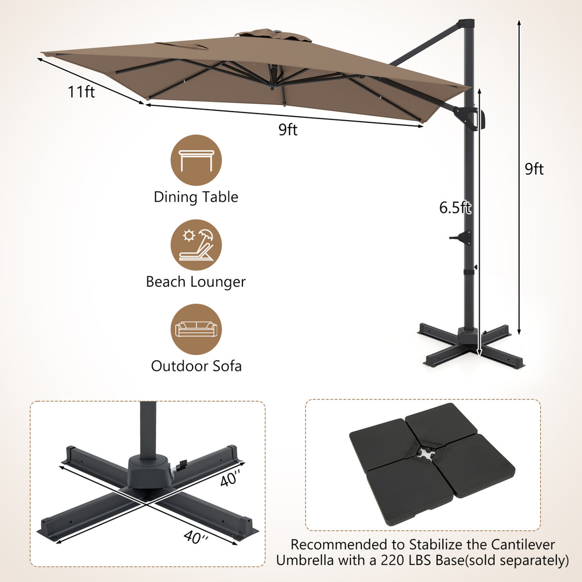 11 x 9 FT Cantilever Patio Umbrella with 360Â° Rotation and Easy Tilt Adjustment-Brown
