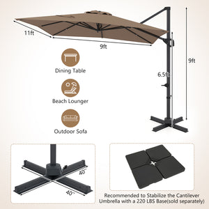 11 x 9 FT Cantilever Patio Umbrella with 360Â° Rotation and Easy Tilt Adjustment-Brown
