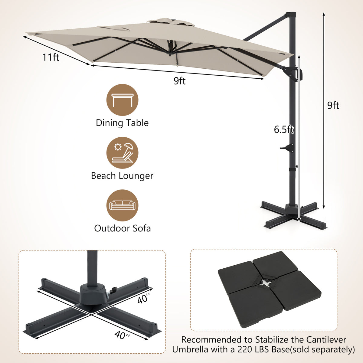 11 x 9 FT Cantilever Patio Umbrella with 360Â° Rotation and Easy Tilt Adjustment-Beige