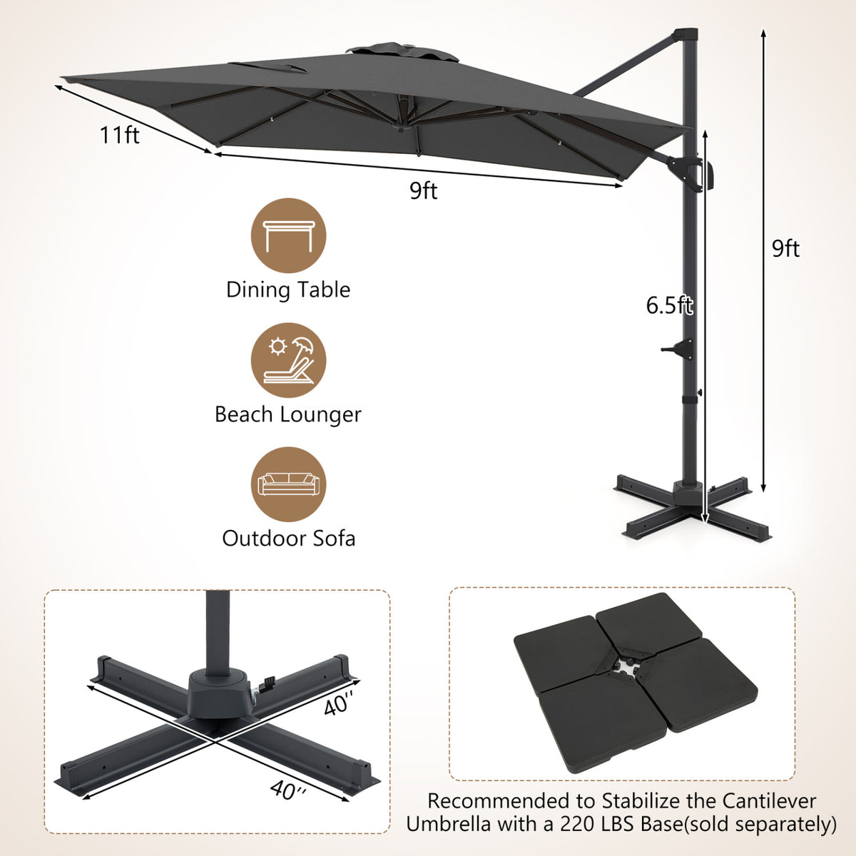 11 x 9 FT Cantilever Patio Umbrella with 360Â° Rotation and Easy Tilt Adjustment-Gray