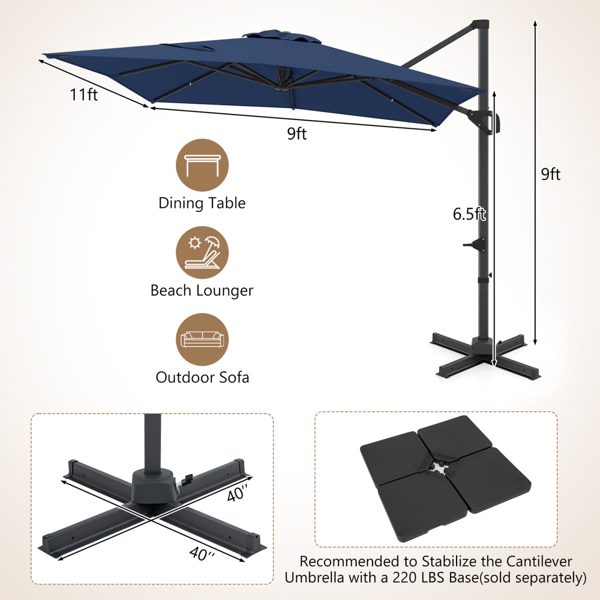 11 x 9 FT Cantilever Patio Umbrella with 360Â° Rotation and Easy Tilt Adjustment-Navy