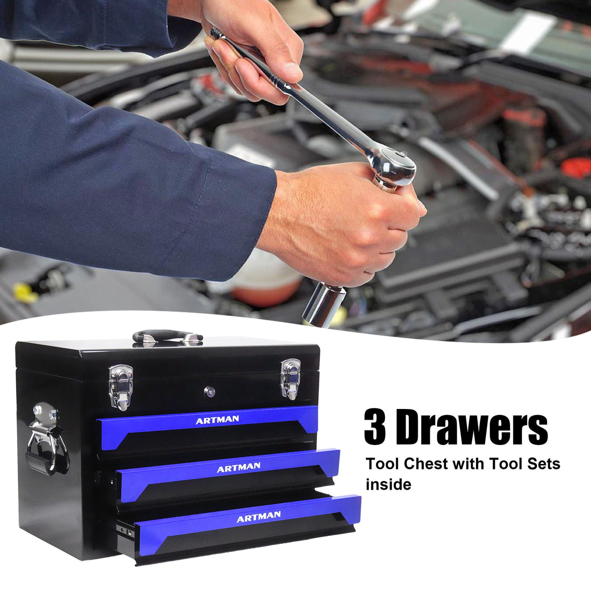 Portable 3 Drawer Steel Toolbox, 4 Layers Of Tools With Metal Latches, With Storage Tray And Carrying Handle by Couch.com