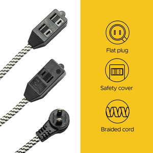 2-Pack 12ft Flat Extension Cord with Safety Covers, Braided Long Extension Cord with Flat Plug, 3-Outlet Power Strip, 16AWG, 1625W, ETL Listed