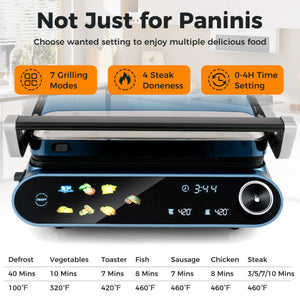 1200W Panini Press Grill with LED Display and 7 Grilling Modes-Blue