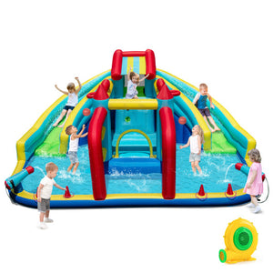 Inflatable Double Water Slide Park with Obstacle Course and 680W Blower