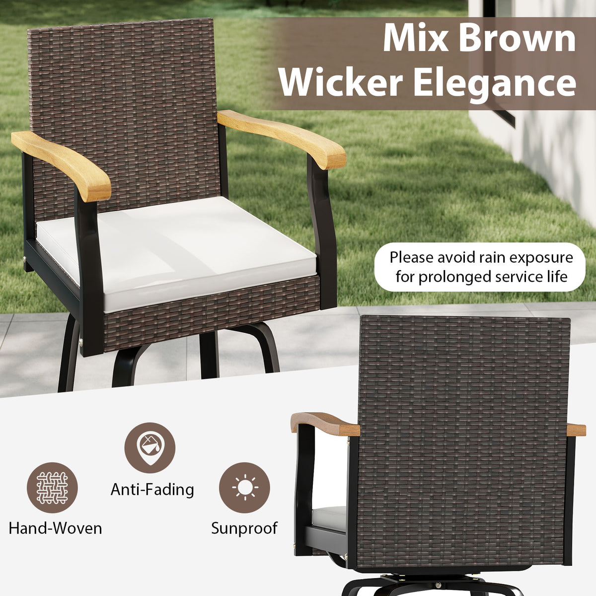 One Outdoor 360Â° Swivel Bar Stool with Cushion and Acacia Wood Armrests