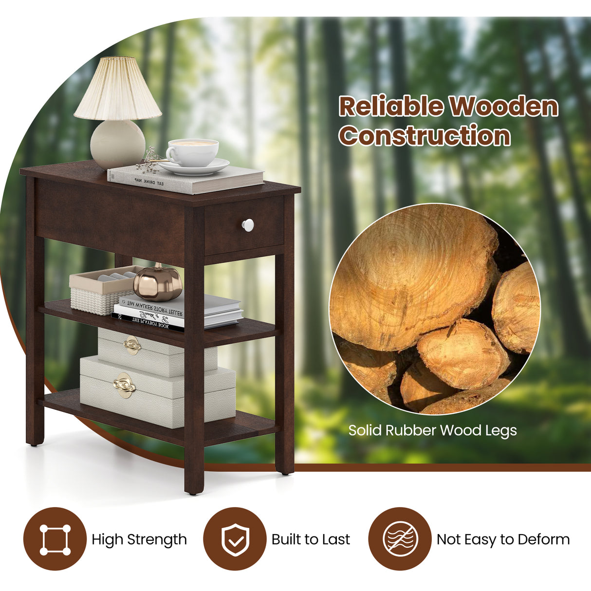 3-Tier Narrow End Table with Drawer and Storage Shelves Set of 2-Walnut