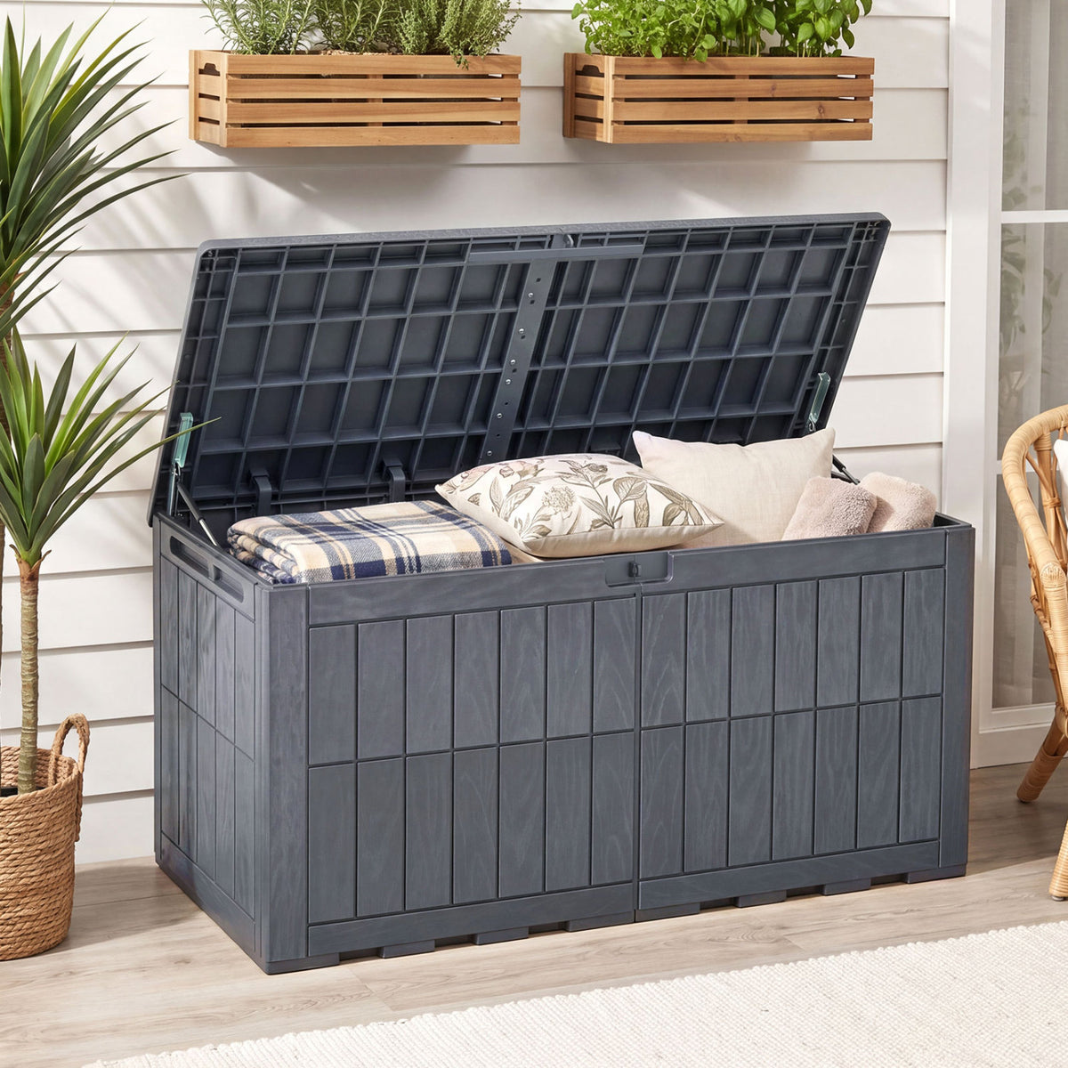 120 Gal Outdoor Deck Box with Lid and Handles for Garden Tools-Grey