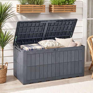 120 Gal Outdoor Deck Box with Lid and Handles for Garden Tools-Grey