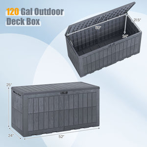 120 Gal Outdoor Deck Box with Lid and Handles for Garden Tools-Grey