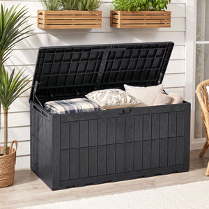 120 Gal Outdoor Deck Box with Lid and Handles for Garden Tools-Black