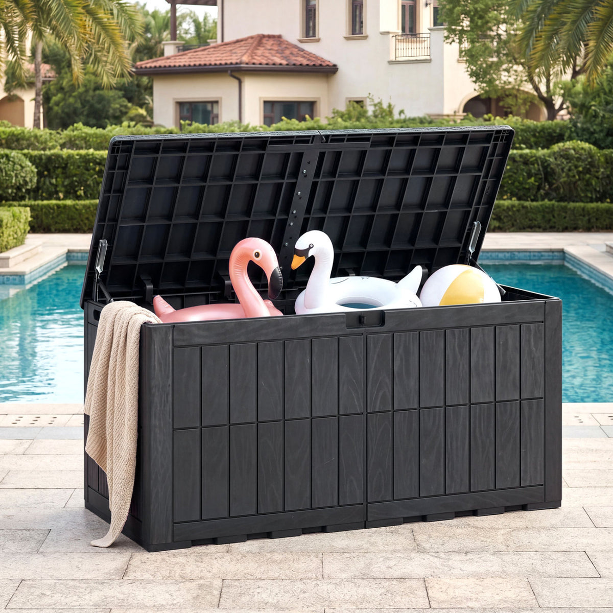 120 Gal Outdoor Deck Box with Lid and Handles for Garden Tools-Black