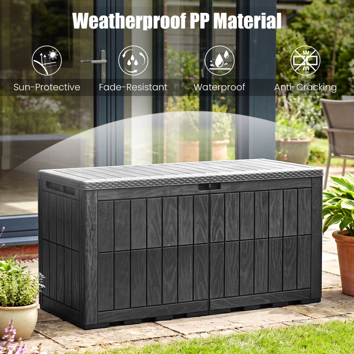 120 Gal Outdoor Deck Box with Lid and Handles for Garden Tools-Black