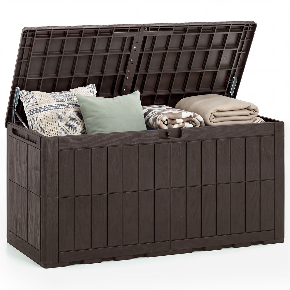 120 Gal Outdoor Deck Box with Lid and Handles for Garden Tools-Brown
