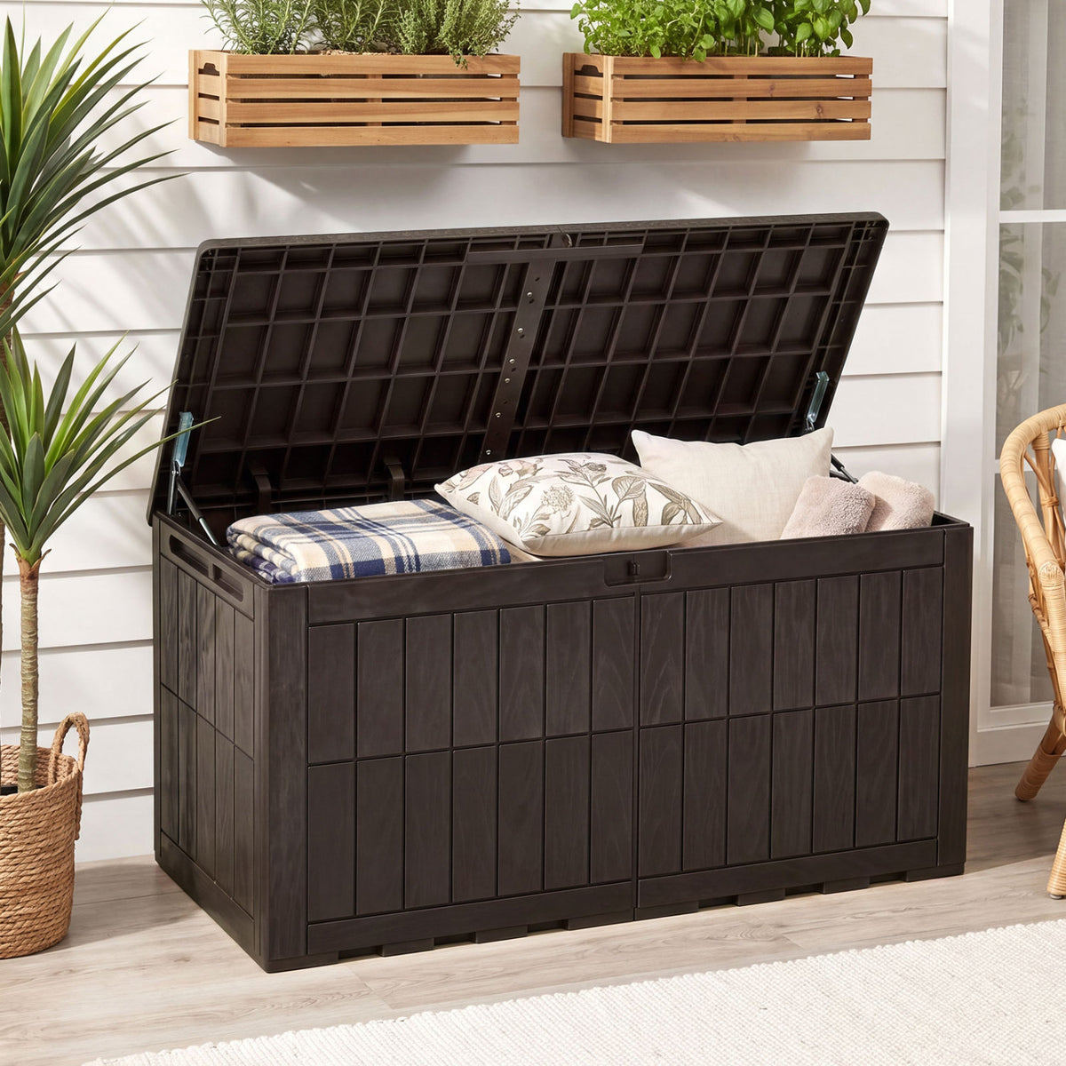 120 Gal Outdoor Deck Box with Lid and Handles for Garden Tools-Brown