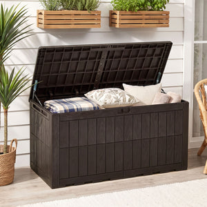 120 Gal Outdoor Deck Box with Lid and Handles for Garden Tools-Brown
