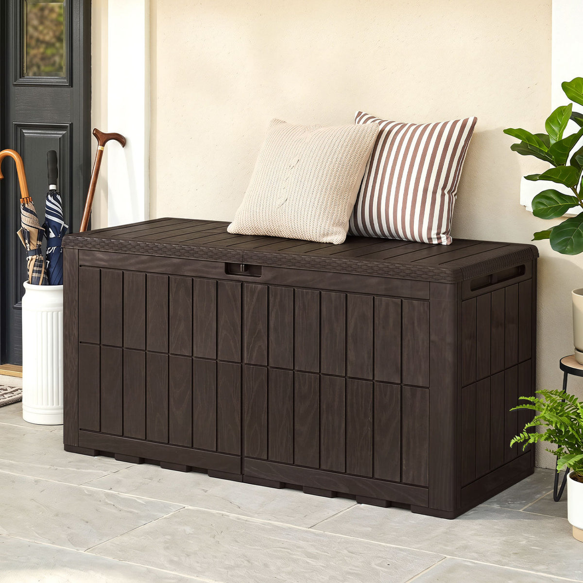 120 Gal Outdoor Deck Box with Lid and Handles for Garden Tools-Brown
