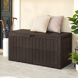 120 Gal Outdoor Deck Box with Lid and Handles for Garden Tools-Brown