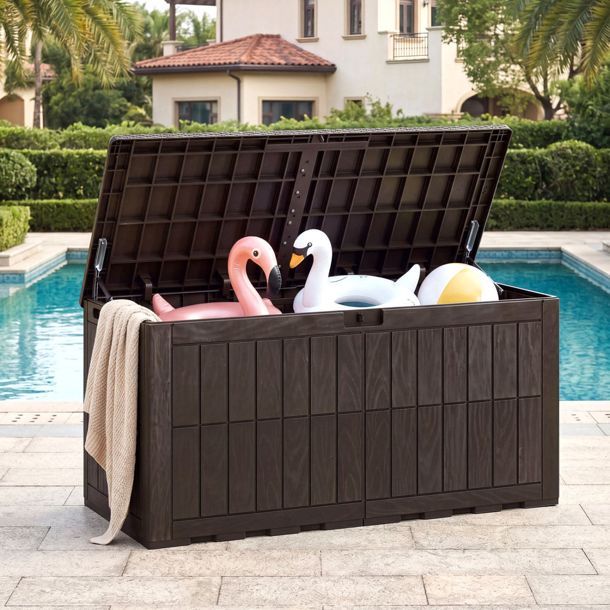 120 Gal Outdoor Deck Box with Lid and Handles for Garden Tools-Brown