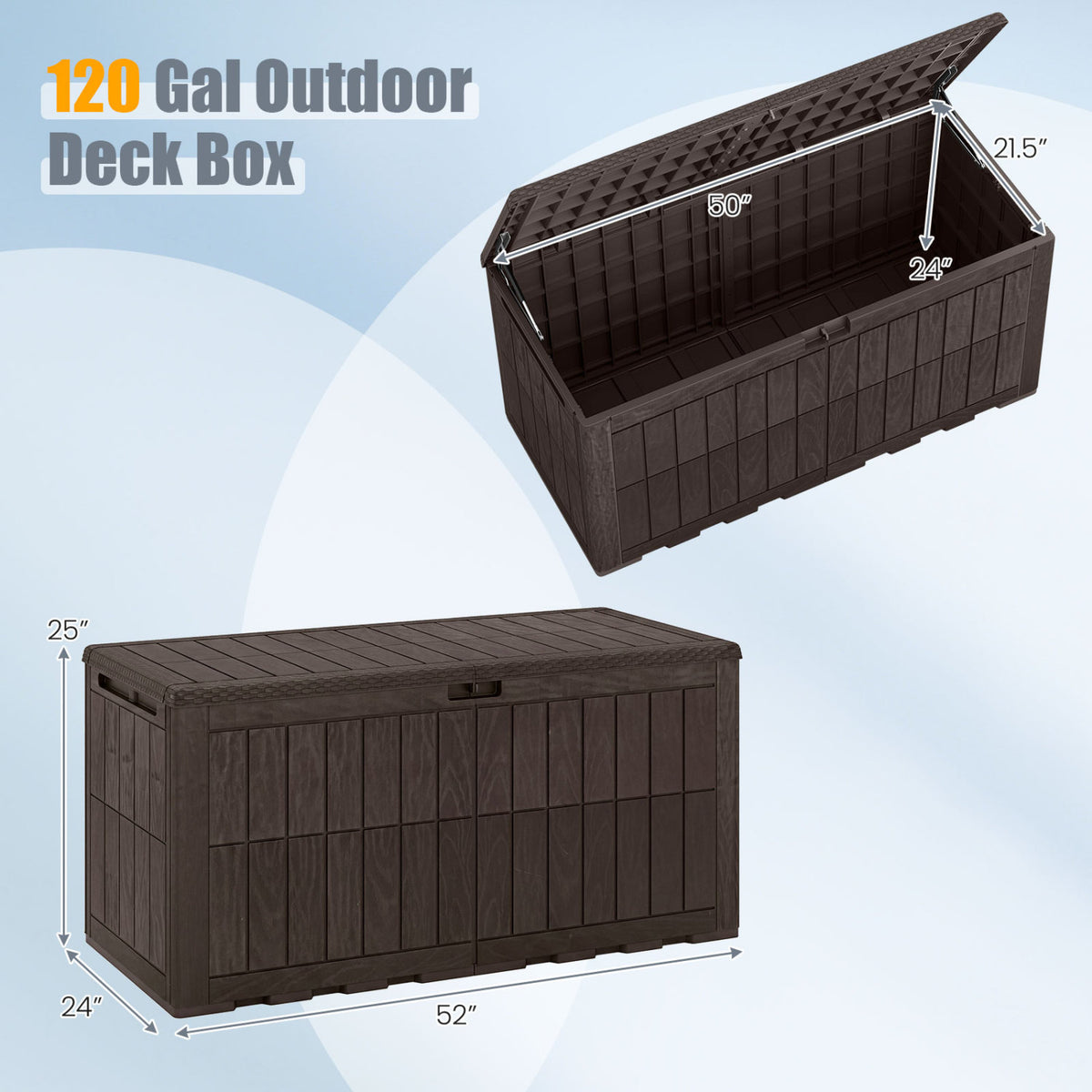 120 Gal Outdoor Deck Box with Lid and Handles for Garden Tools-Brown