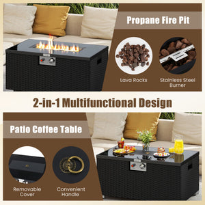 2-Piece Outdoor Rattan Fire Table Set 32 Inch Rectangle Gas Firepit with Tank Cover-Black