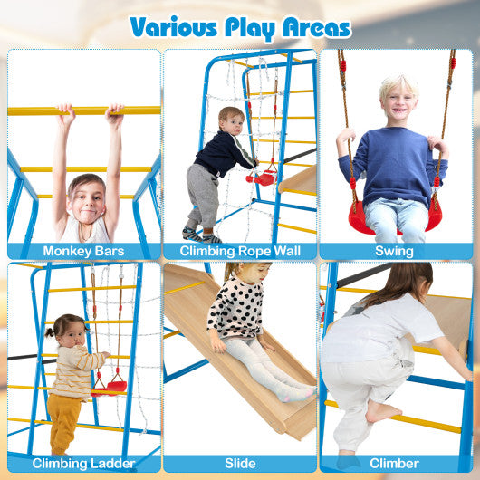 6-in-1 Indoor Jungle Gym with Slide for Boys and Girls 3+ Years Old-Blue