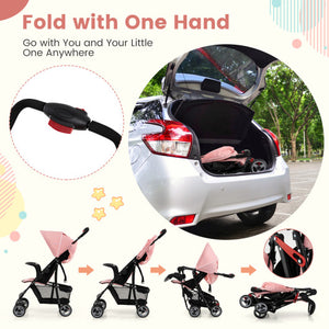 Toddler Travel Stroller for Airplane with Canopy and Adjustable Backrest-Pink