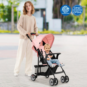 Toddler Travel Stroller for Airplane with Canopy and Adjustable Backrest-Pink