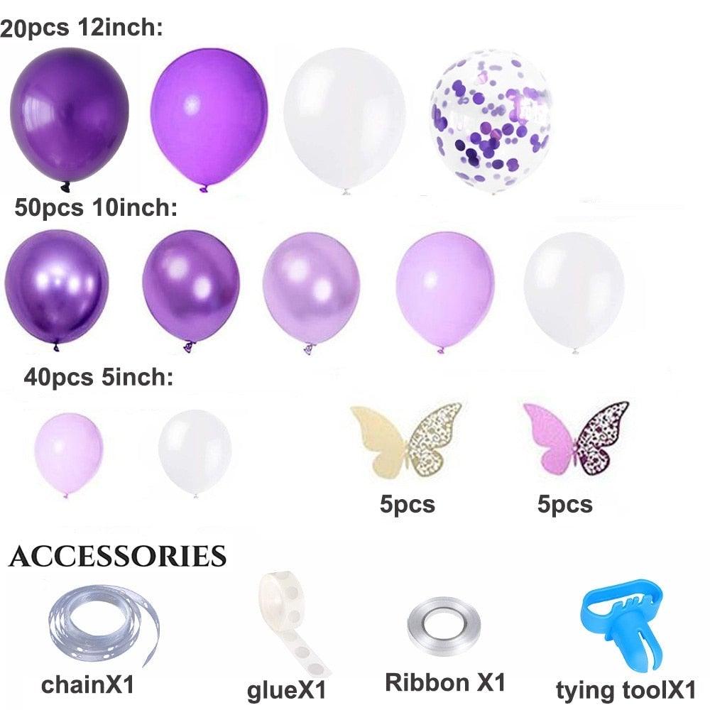 124 Pcs Garland Arch Kit White Purple Latex Metallic Balloons With Paper Butterfly For Women Birthday Baby Shower Wedding Party Decorations