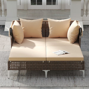 Outdoor Daybed with Retractable Canopy PE Wicker Rattan Patio Lounger-Brown