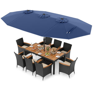 10 Piece Outdoor Dining Set with 15 Feet Double-Sided Twin Umbrella-Navy