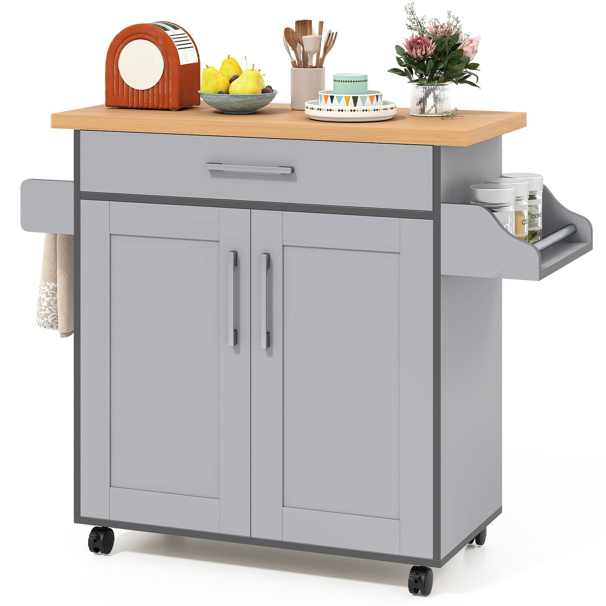 Rolling Kitchen Island Cart with Towel and Spice Rack-Gray