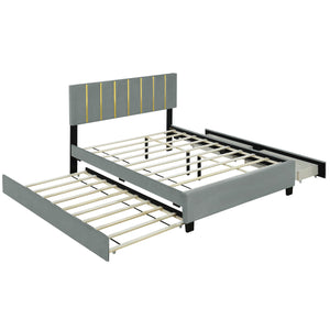 Upholstered Platform Bed With 2 Drawers And 1 Trundle, Classic Strip Headboard Design by Couch.com