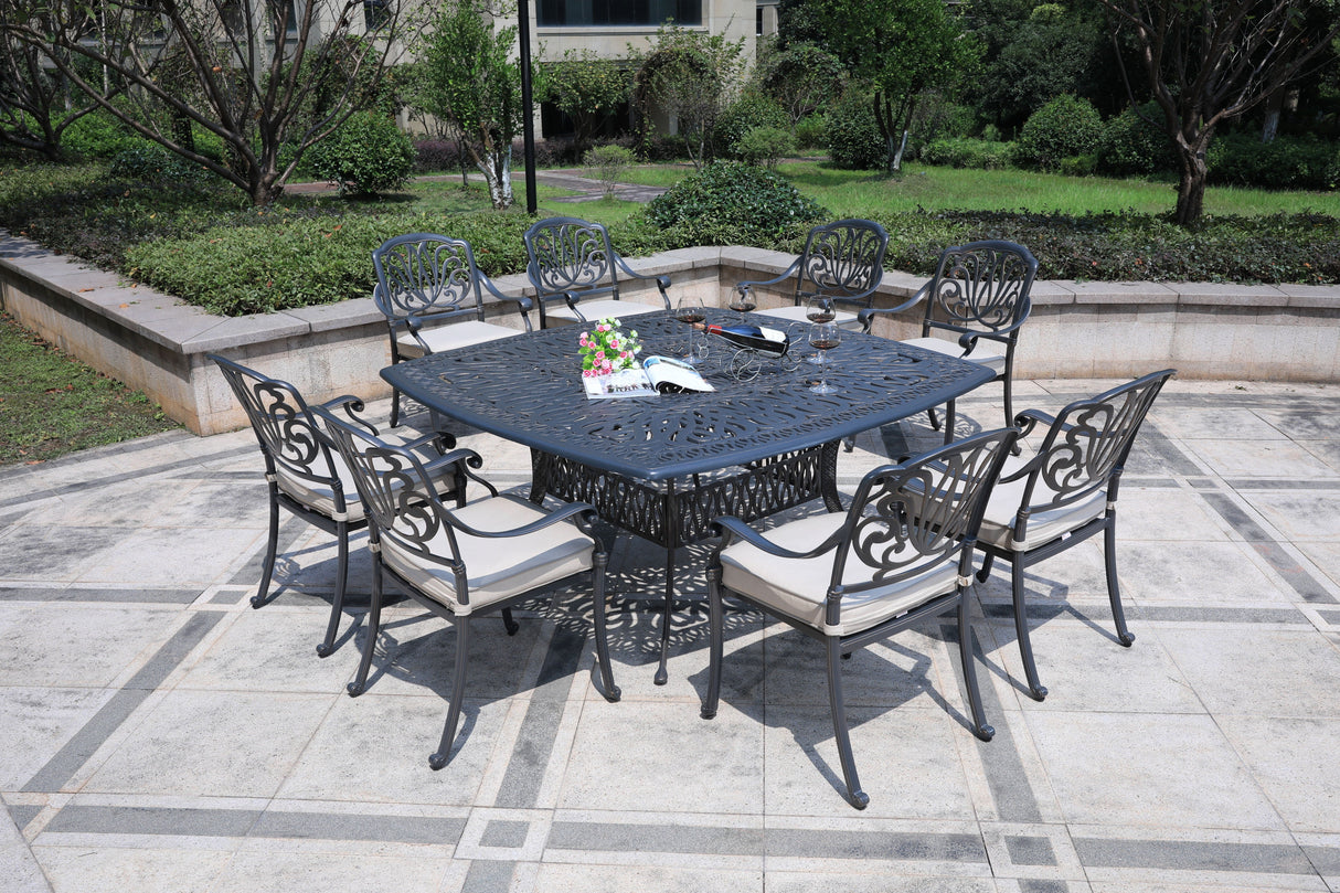 Square 8 Person 64" Long Aluminum Dining Set With Cushions by Couch.com