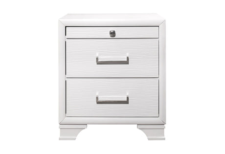 The Civic - Nightstand is a white, modern piece with two drawers featuring textured fronts and metallic handles. The top drawer has a centered lock, and it stands on short, curved legs for a clean aesthetic.
