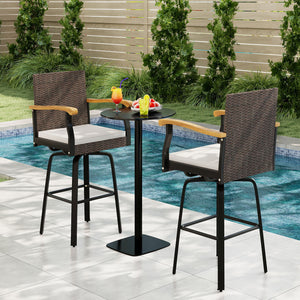 One Outdoor 360Â° Swivel Bar Stool with Cushion and Acacia Wood Armrests