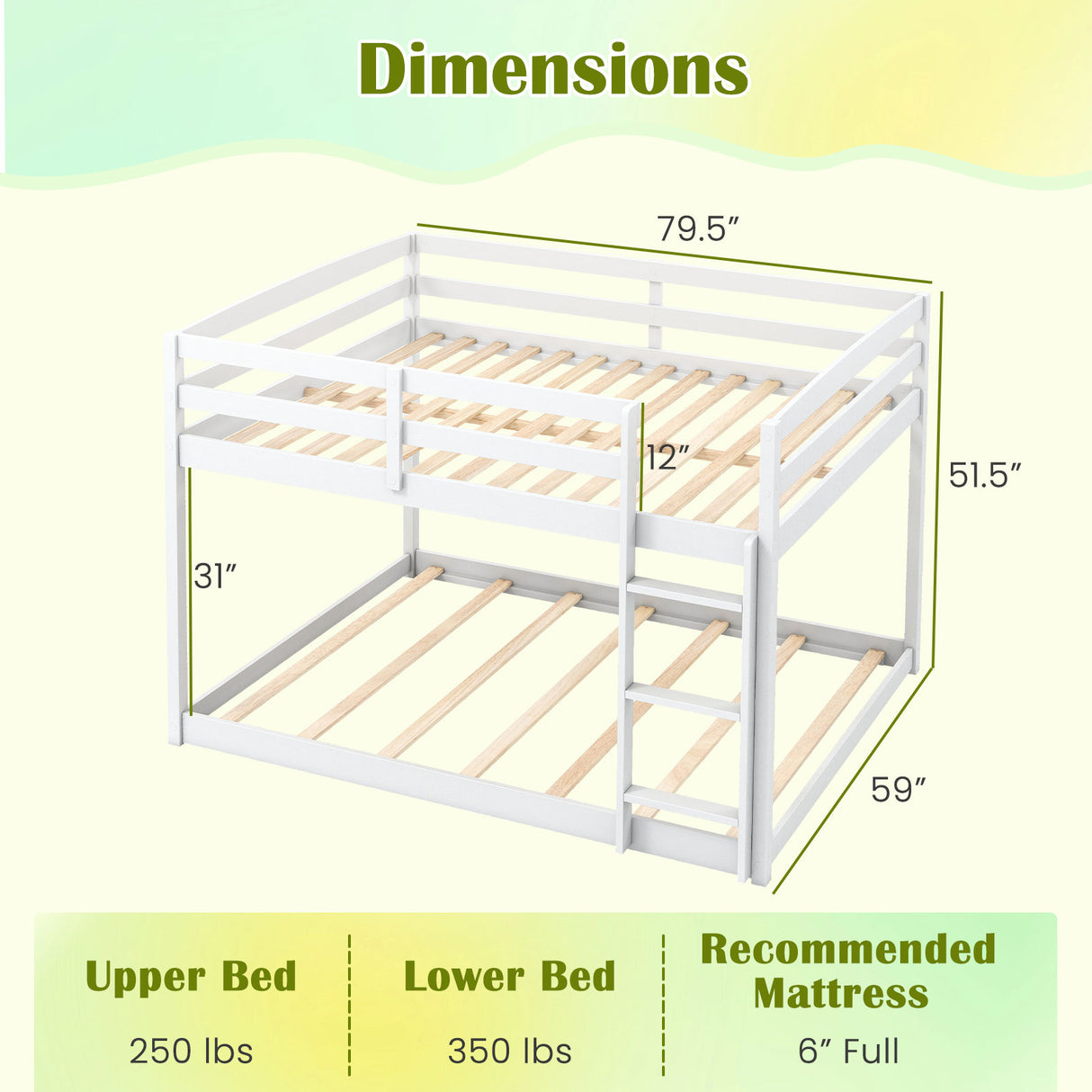Full Over Full Bunk Bed Low-to-ground Bunk Bed-White