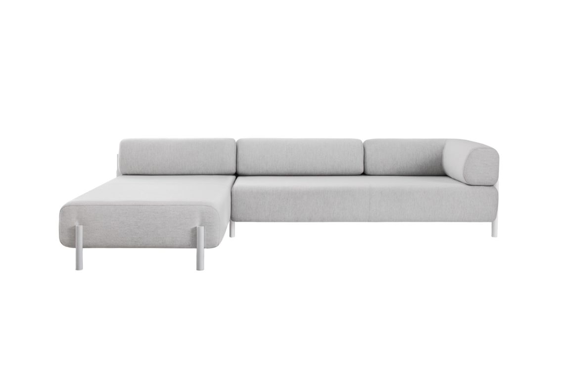 The Palo 3-seater Sofa is a modern, L-shaped piece with clean lines and a minimalistic design, set against a white background. It includes a chaise lounge on the left side and is supported by cylindrical metal legs.