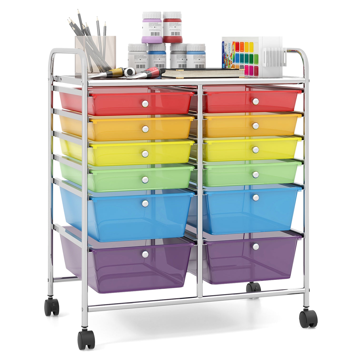 12 Drawers Rolling Cart Storage Scrapbook Paper Organizer Bins-Transparent Multicolor